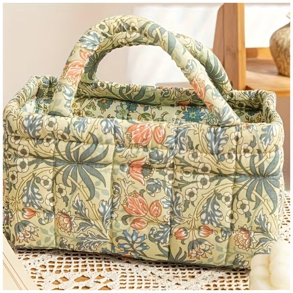 Quilted Storage Vintage Floral Print Basket w/Handles Cottagecore Retro Bohemian